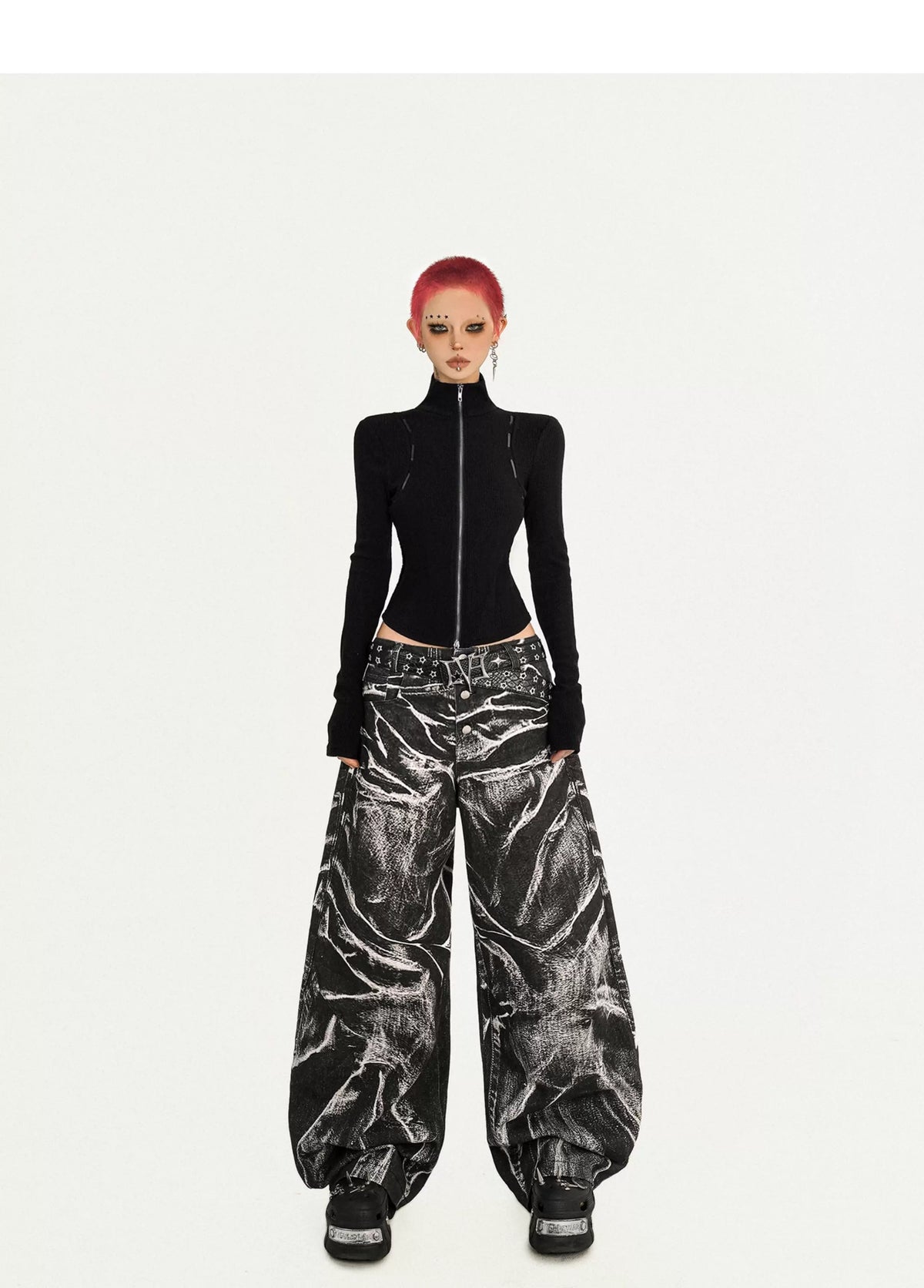 Ripple Pattern Design Wide Leg Denim Jeans