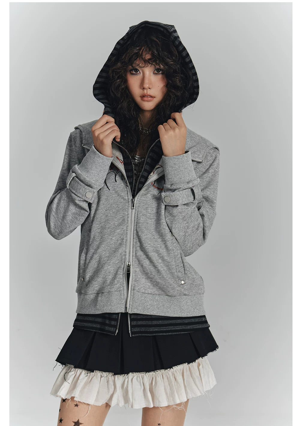 Embroidery Fake Layered Double Zipper Hoodie
