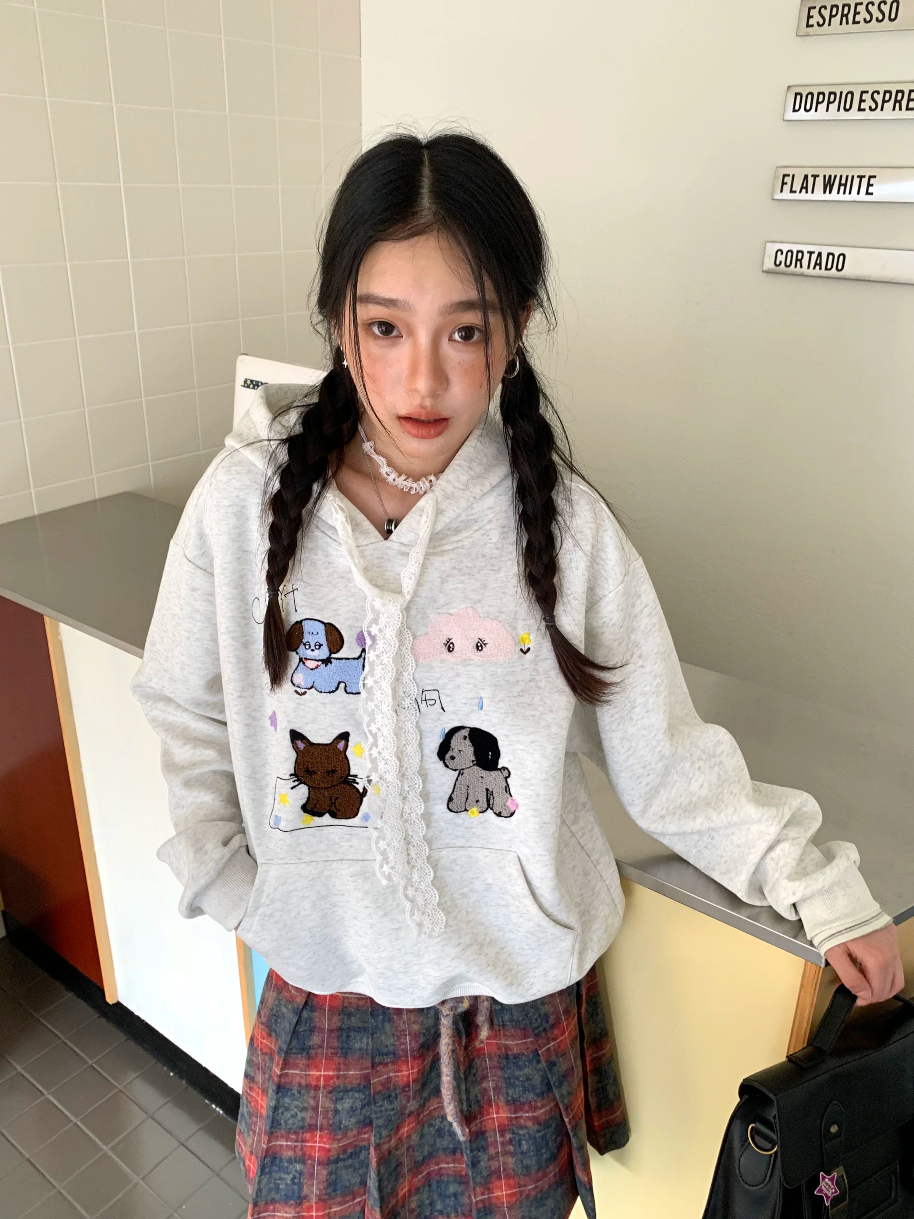 Lace Embroidery Dog Print Oversize Pullover Hoodie