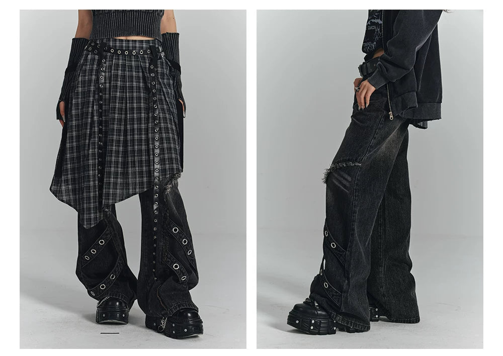 Washed Frayed Wide-Leg Straight Denim Jeans