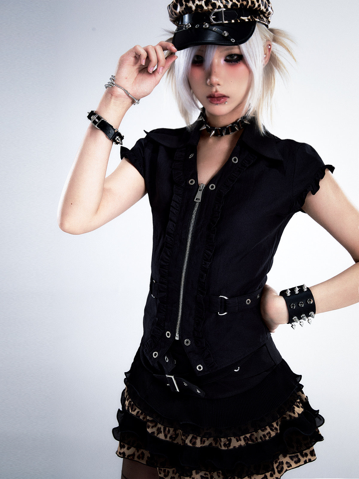 Ruffle Trim Waist-Cinching Short Zipper Shirt