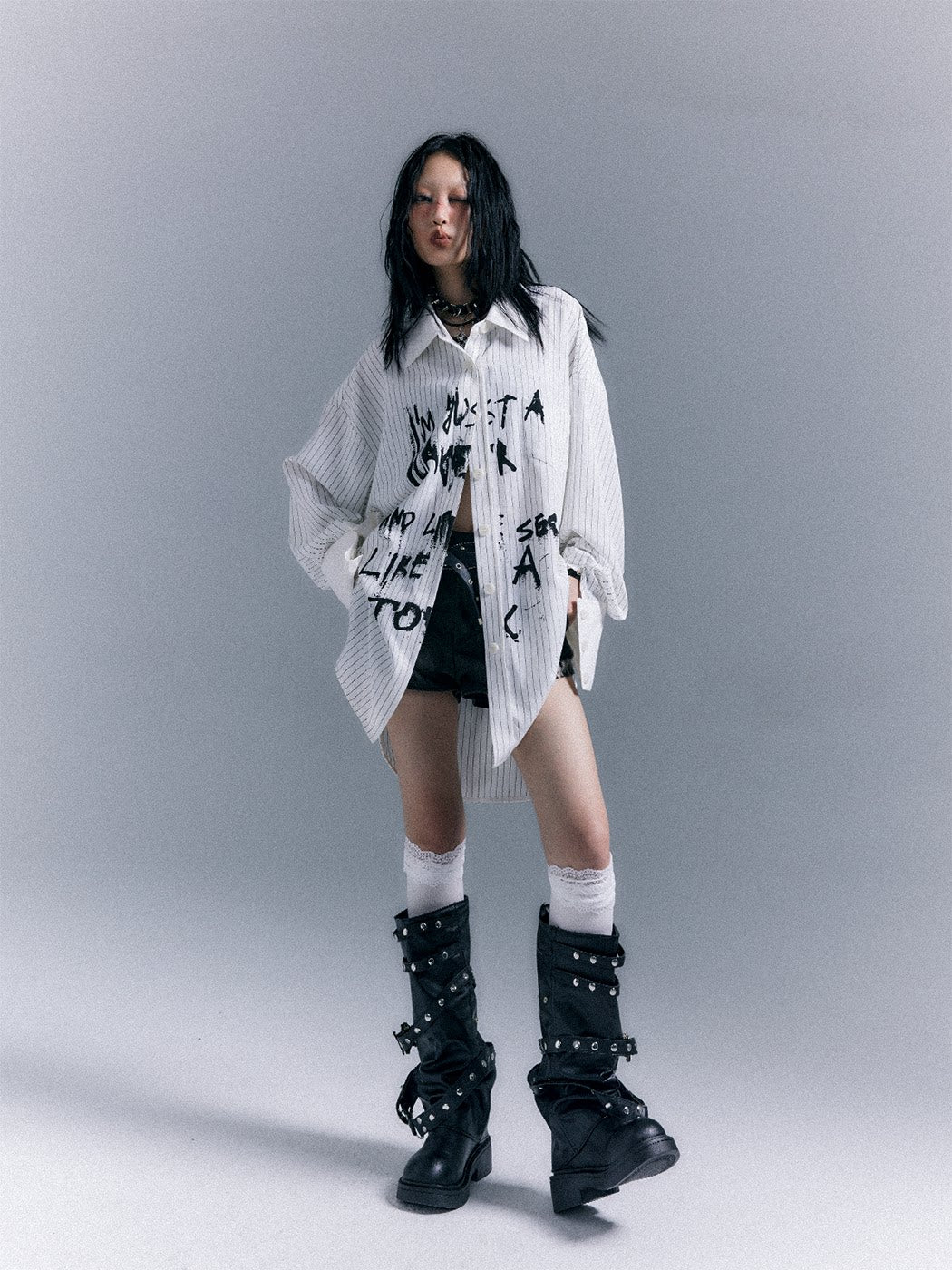 Graffiti Print Stripe Oversize Long Sleeve Shirt