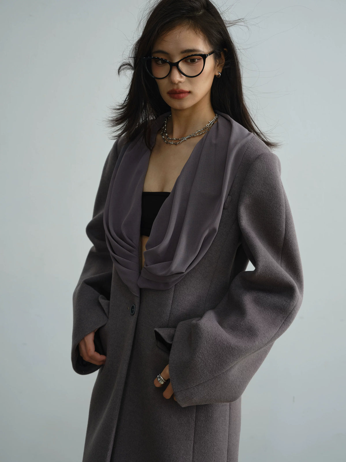 Collar Design Wool Long Coat With Scarf