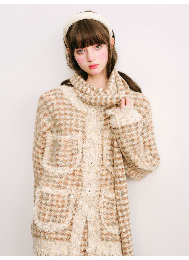 Plaid Button Cardigan & Scarf & Long Skirt Setup