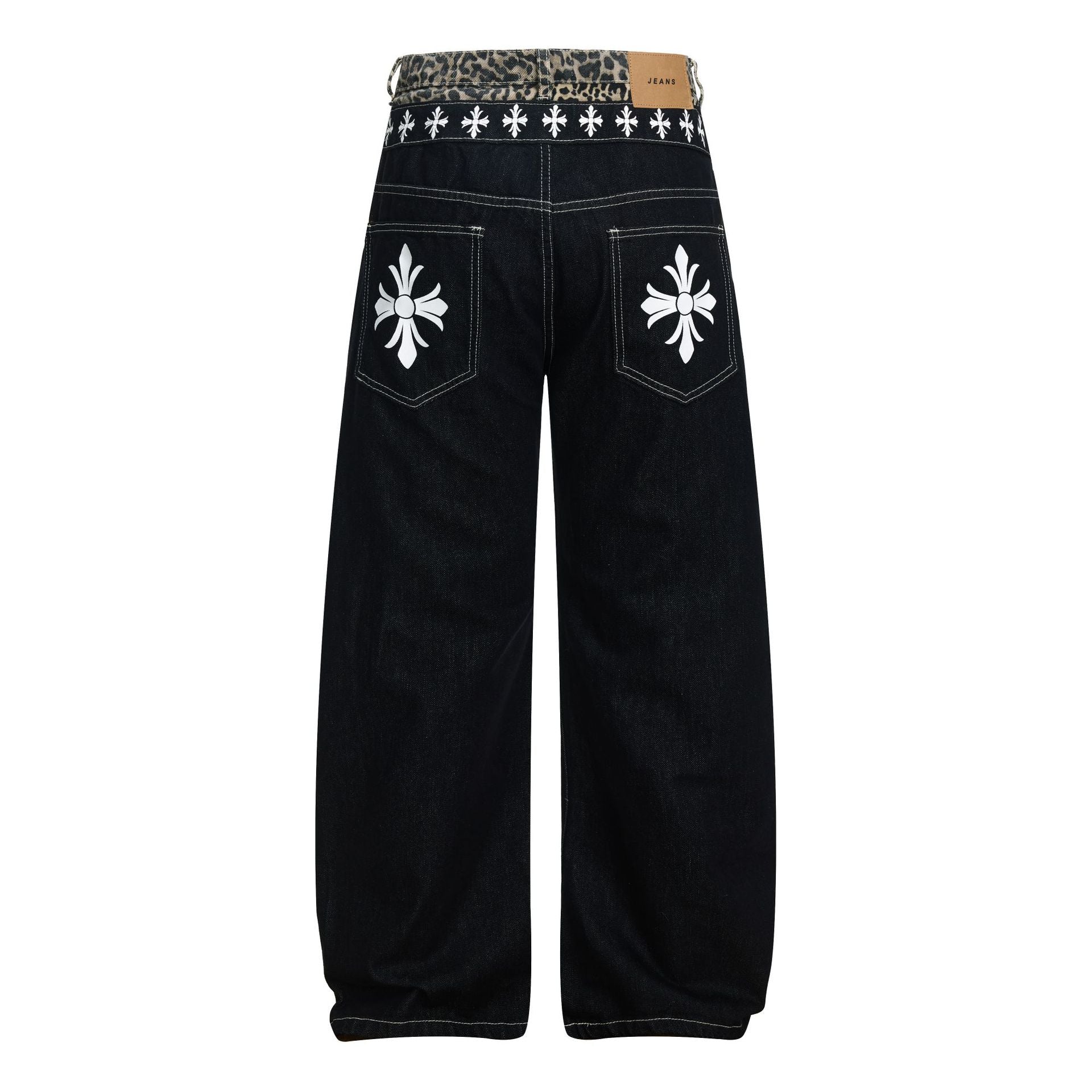 Color Block Embroidery Wide Leg Curved Denim Jeans