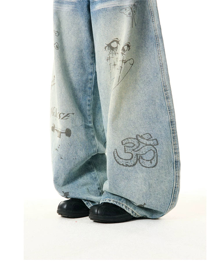 Washed Graffiti Print Wide Leg Denim Jeans