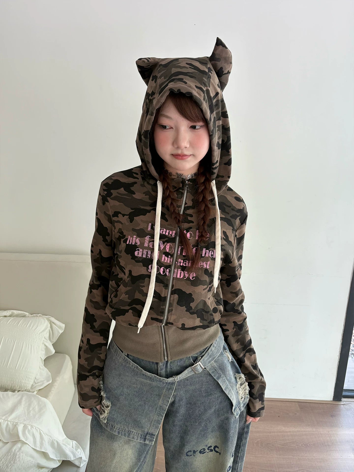 Devil Horn Hooded Print Zipper Hoodie