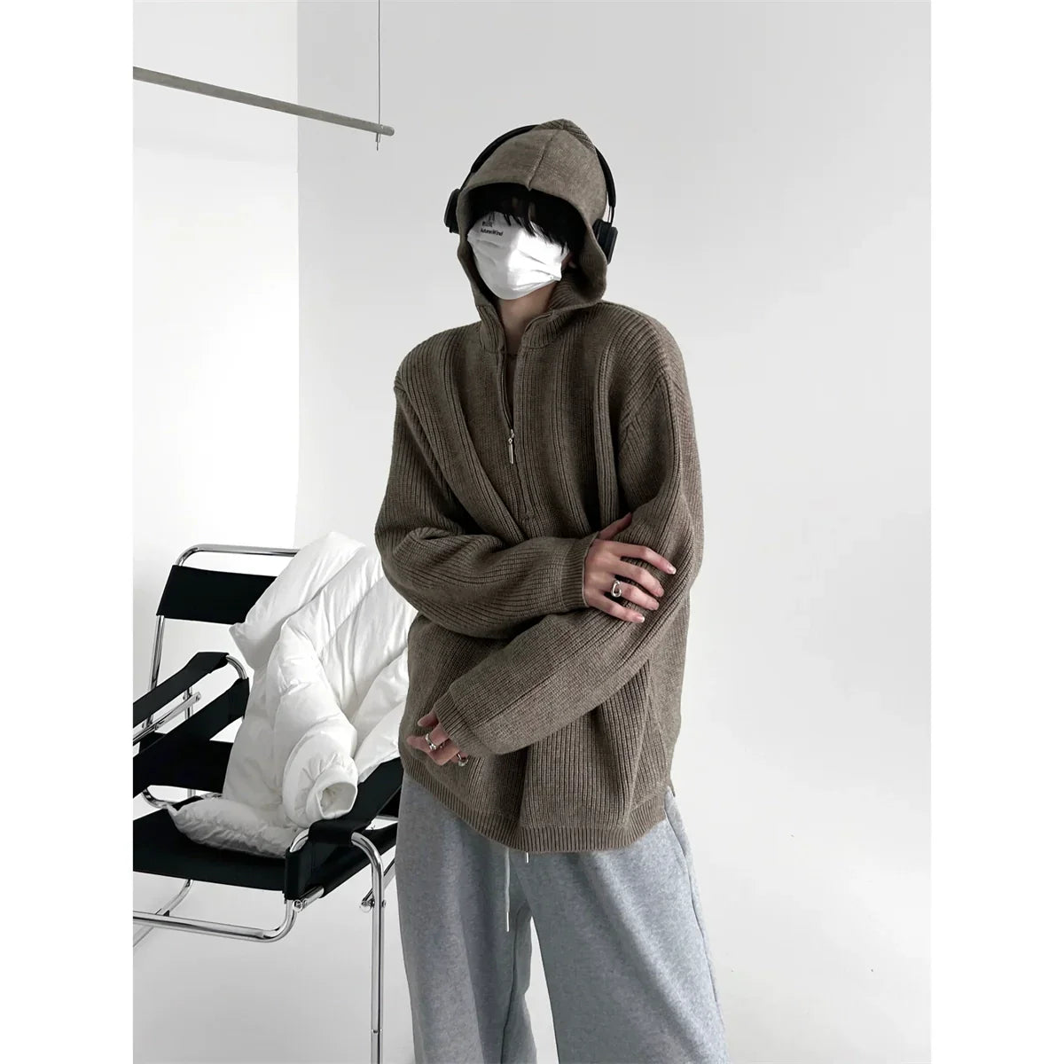 Oversized gebreide hoodie met rits