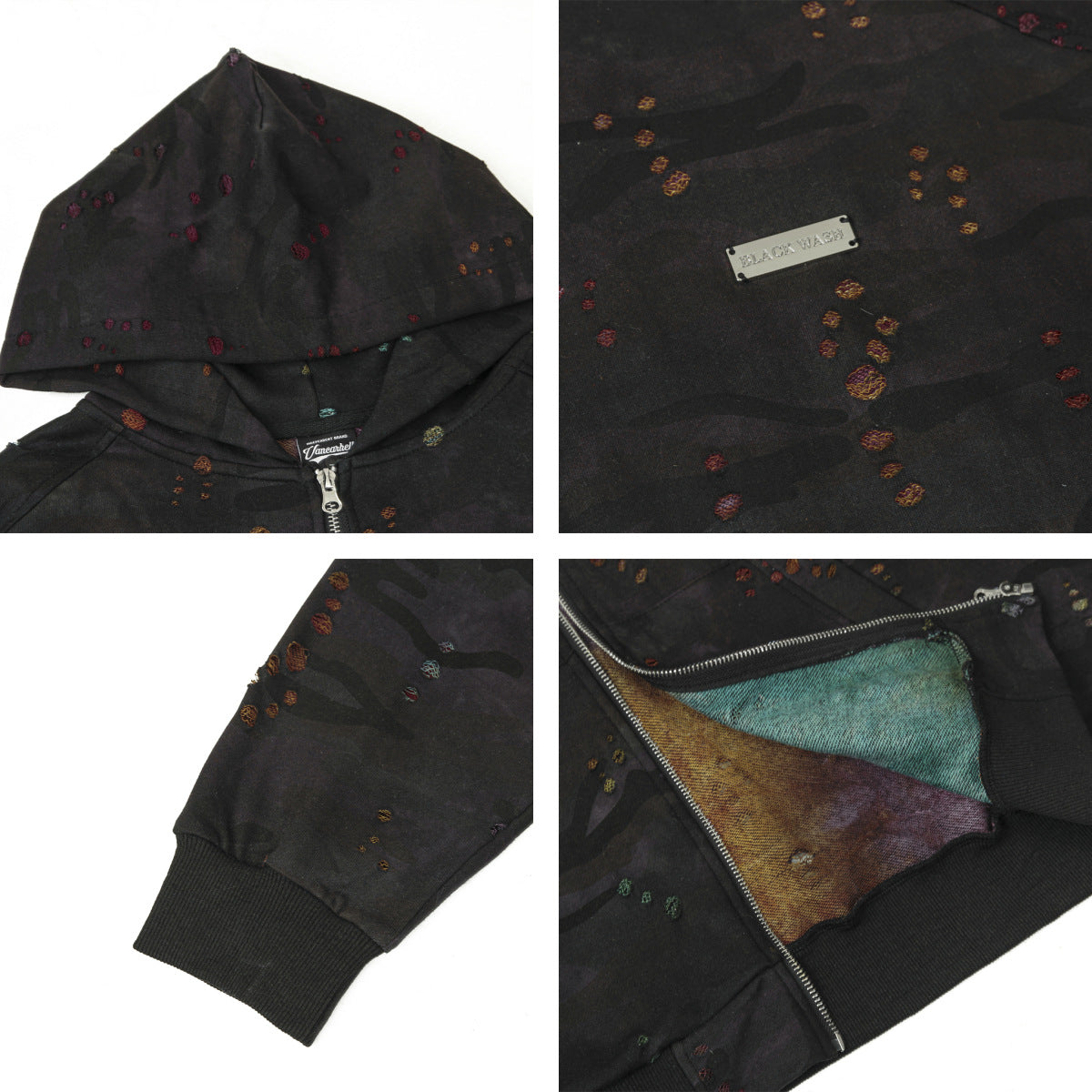 Kapuzenpullover mit Reißverschluss in Camouflage-Optik, gewaschen und beschädigt