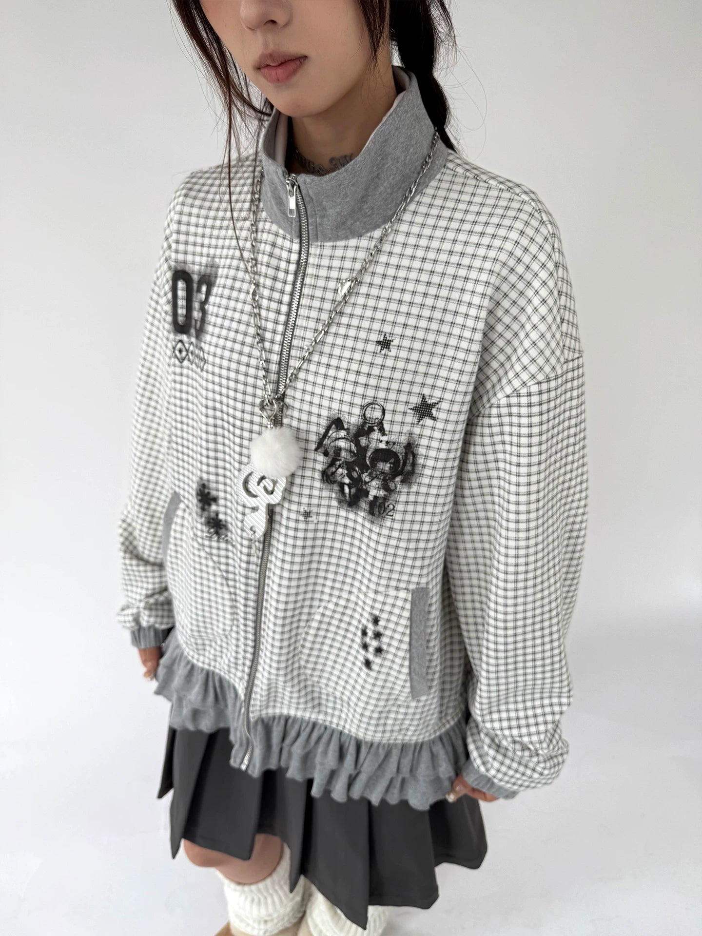 Checkered Ruffle Hem Oversize Zipper Hoodie