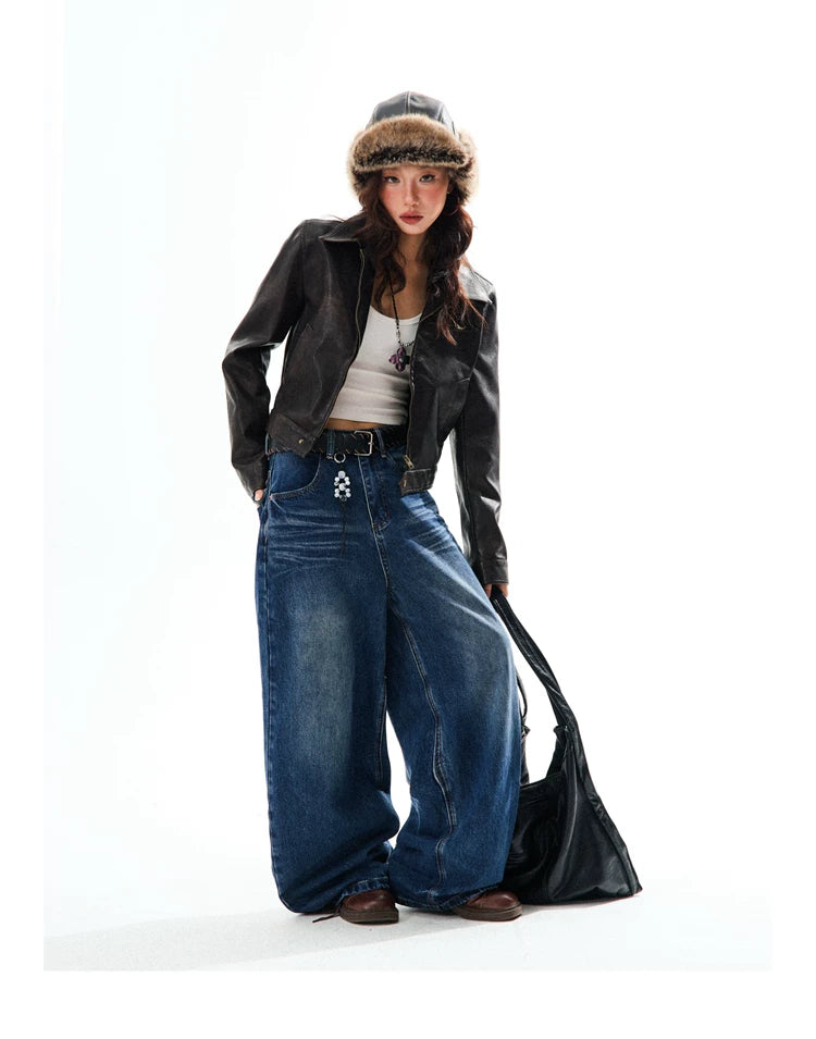PU Leather Washed Zipper Short Length Jacket