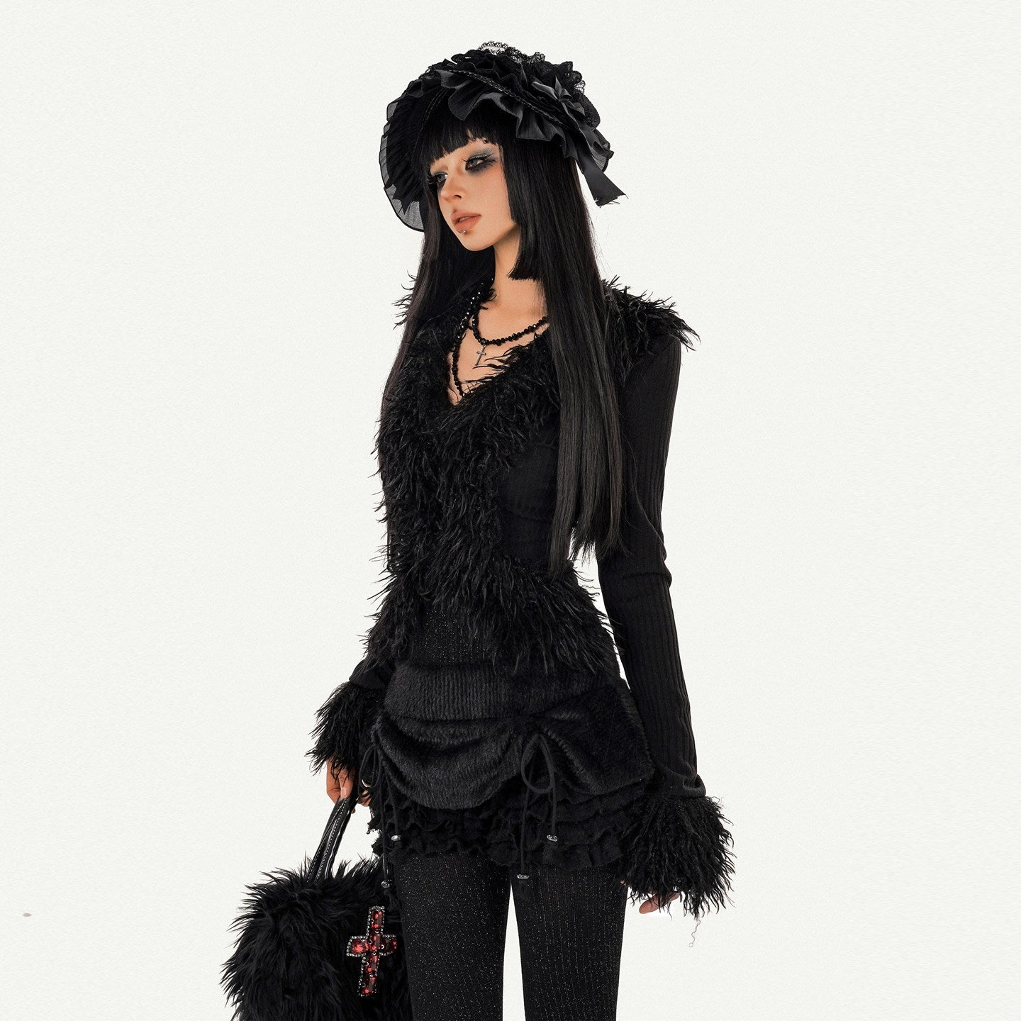 Fur Decor V-Neck Tie Knit Cardigan