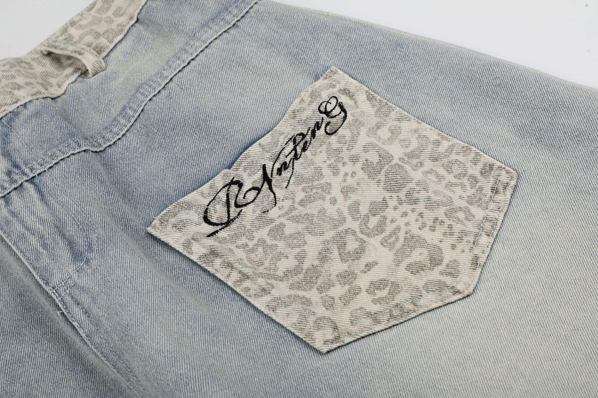 Leopard Print Curved Wide Leg Denim Jeans