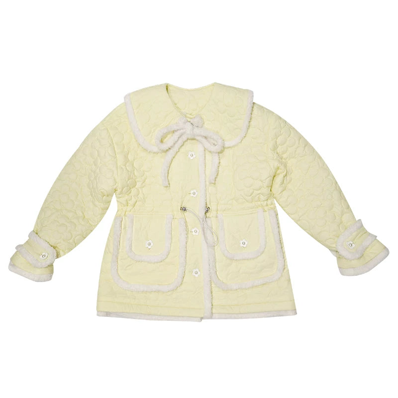 Flower Plush Bow Tie Puffer Jacket
