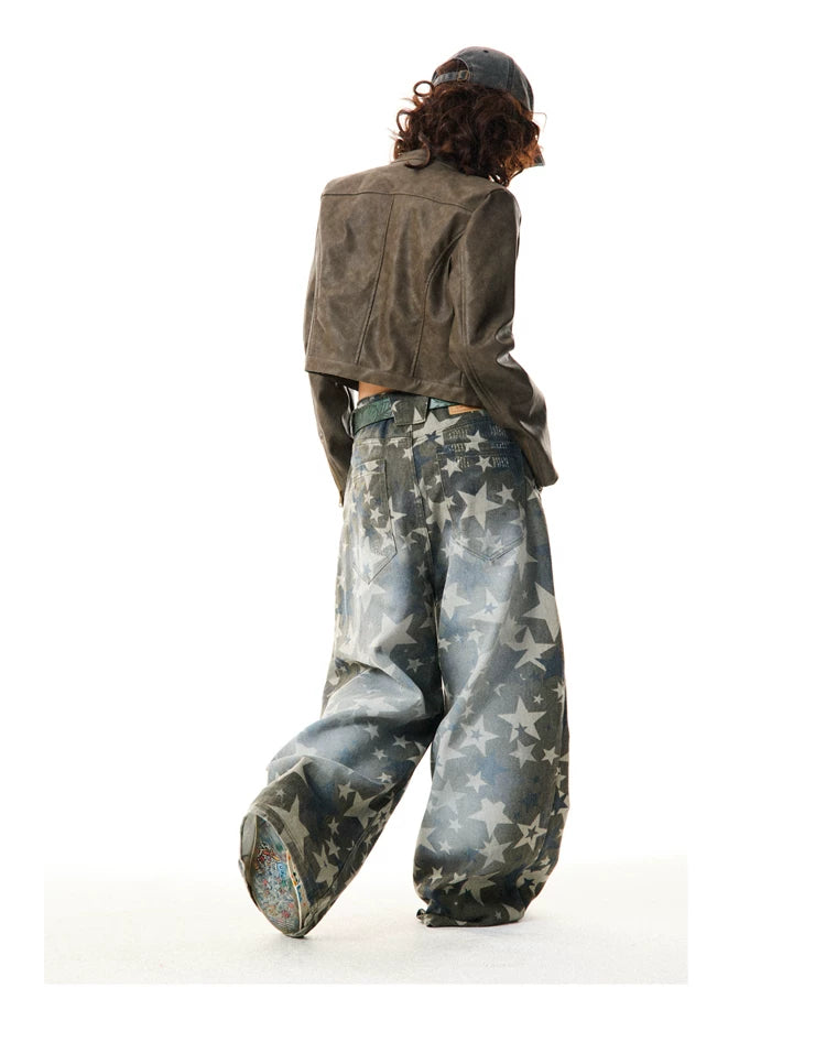Star Print Damage Wide Leg Denim Jeans