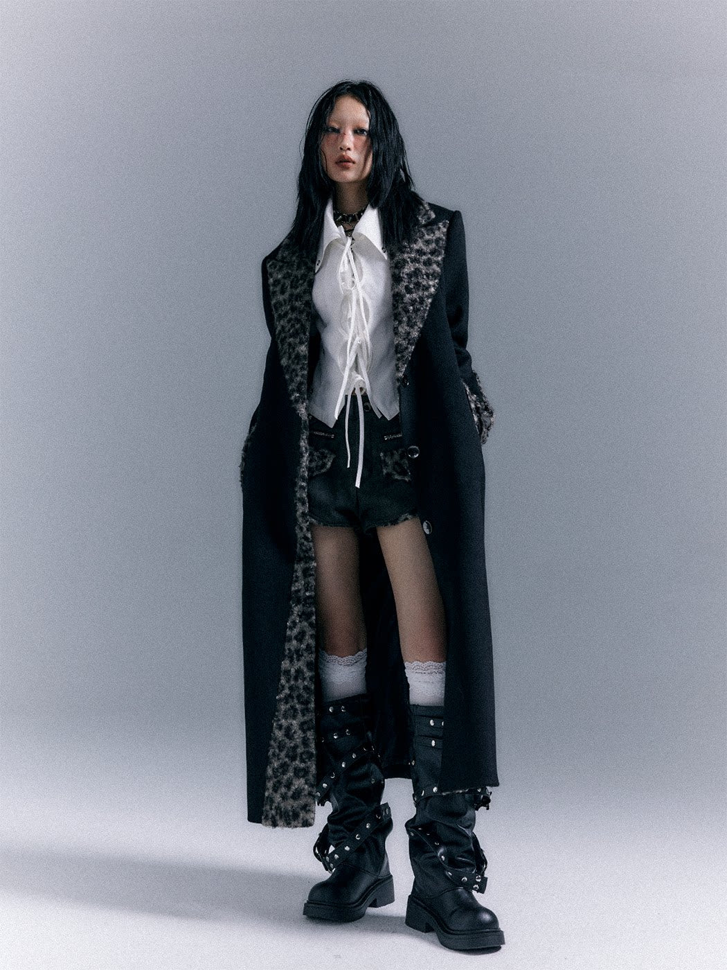 Shoulder Pad Leopard Print Patchwork Wool Coat