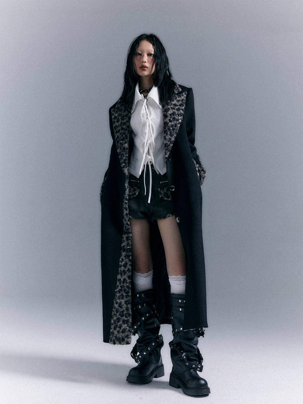 Shoulder Pad Leopard Print Patchwork Wool Coat