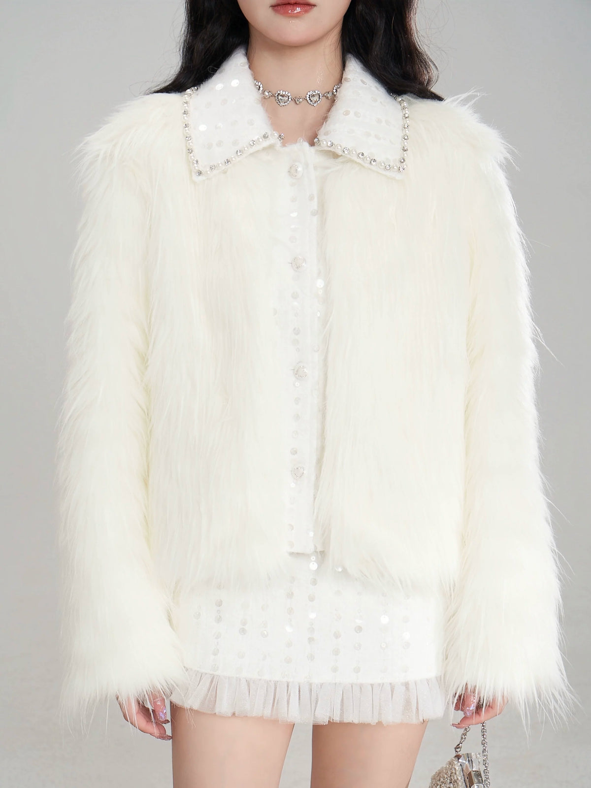 Eco Fur Warm Jacket & Short Skirt & Long Skirt Setup