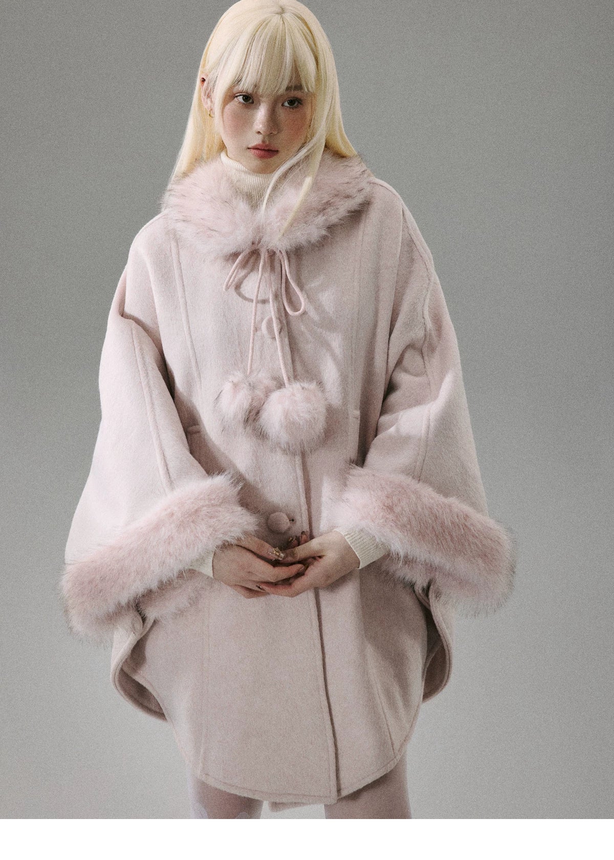 Sweet Girl Pink Long Hair Tweed Cape Coat