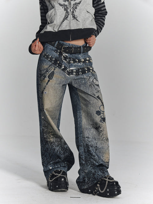 Jeans mit weitem Bein und geradem Schnitt mit Kettendetail - Blau / S