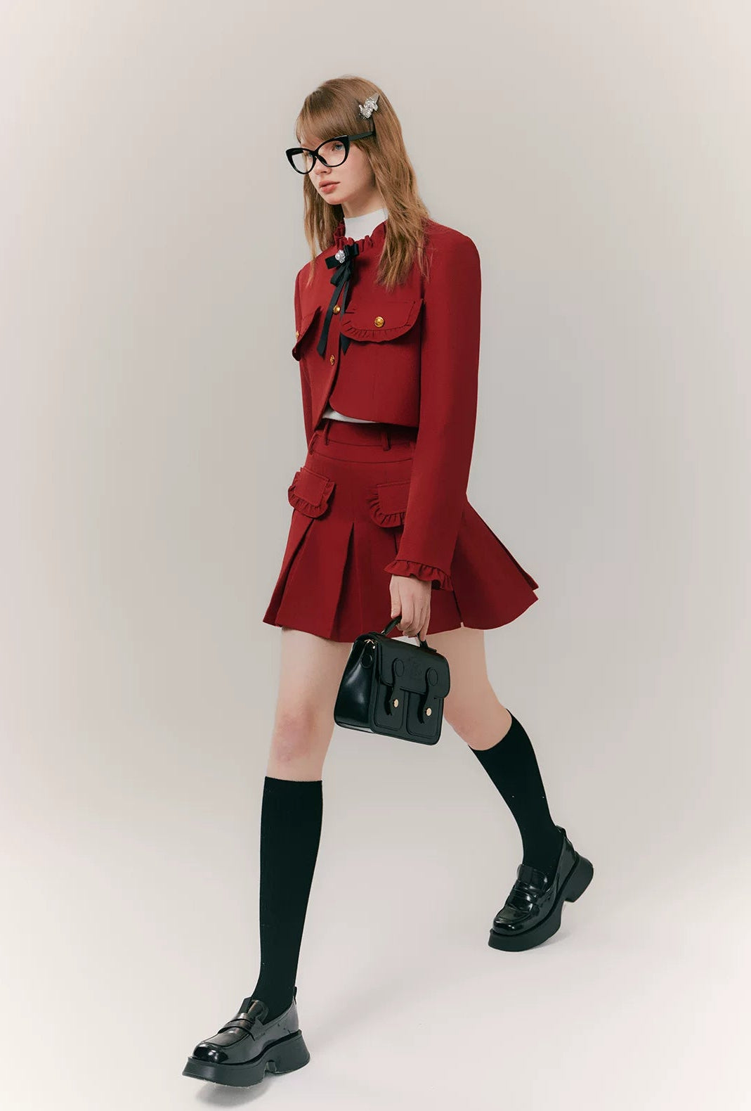 Red Bow-Knot Pleated Skirt & Blazer Jacket Setup