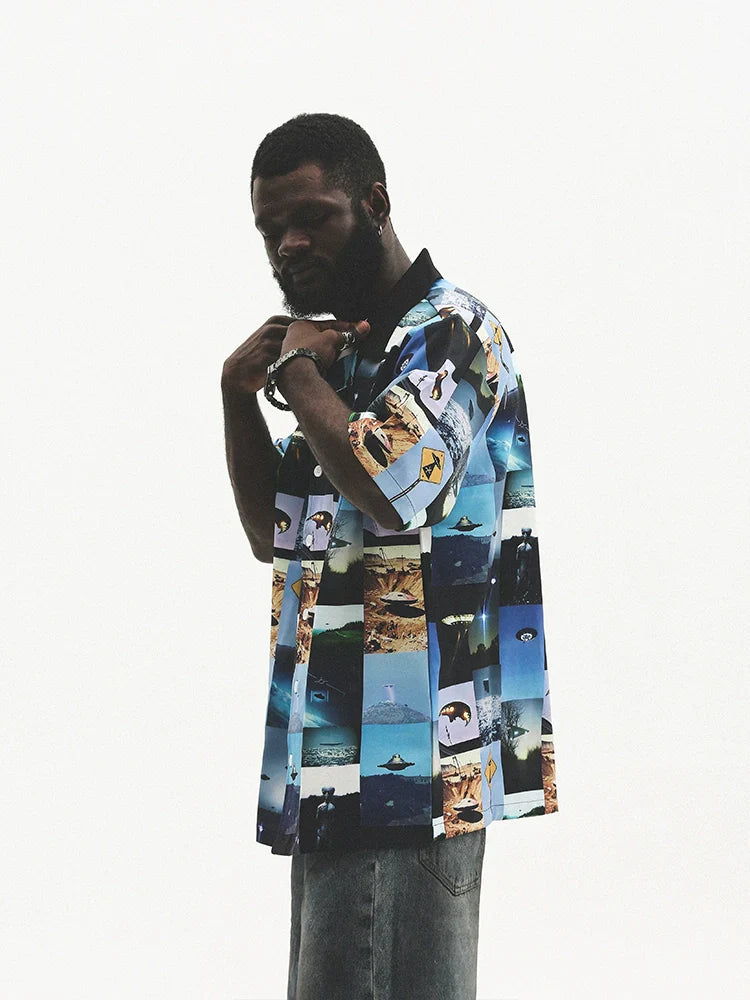Camicia oversize a maniche corte con stampa grafica mista