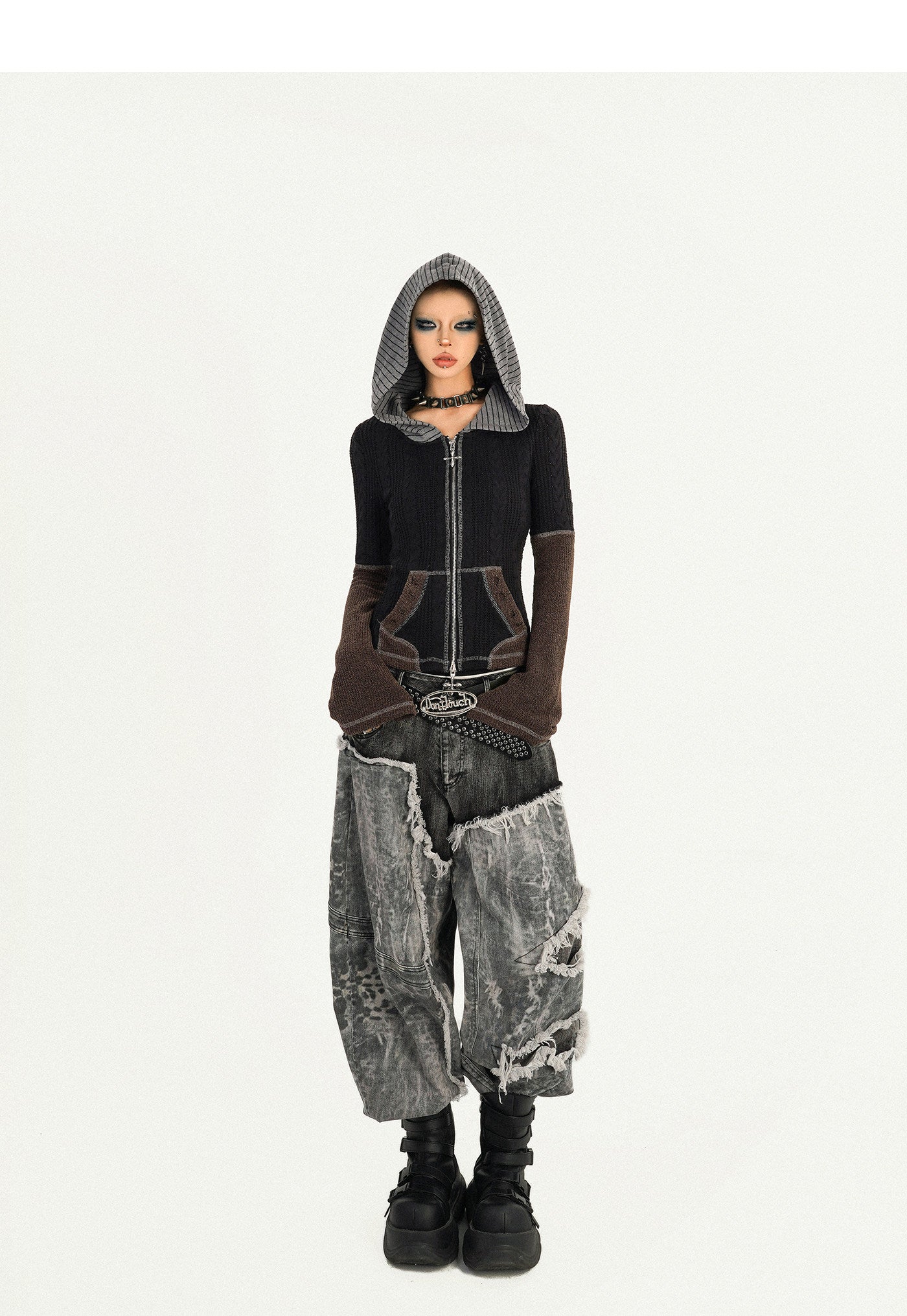 Hooded Zipper Fitted Knit Cardigan