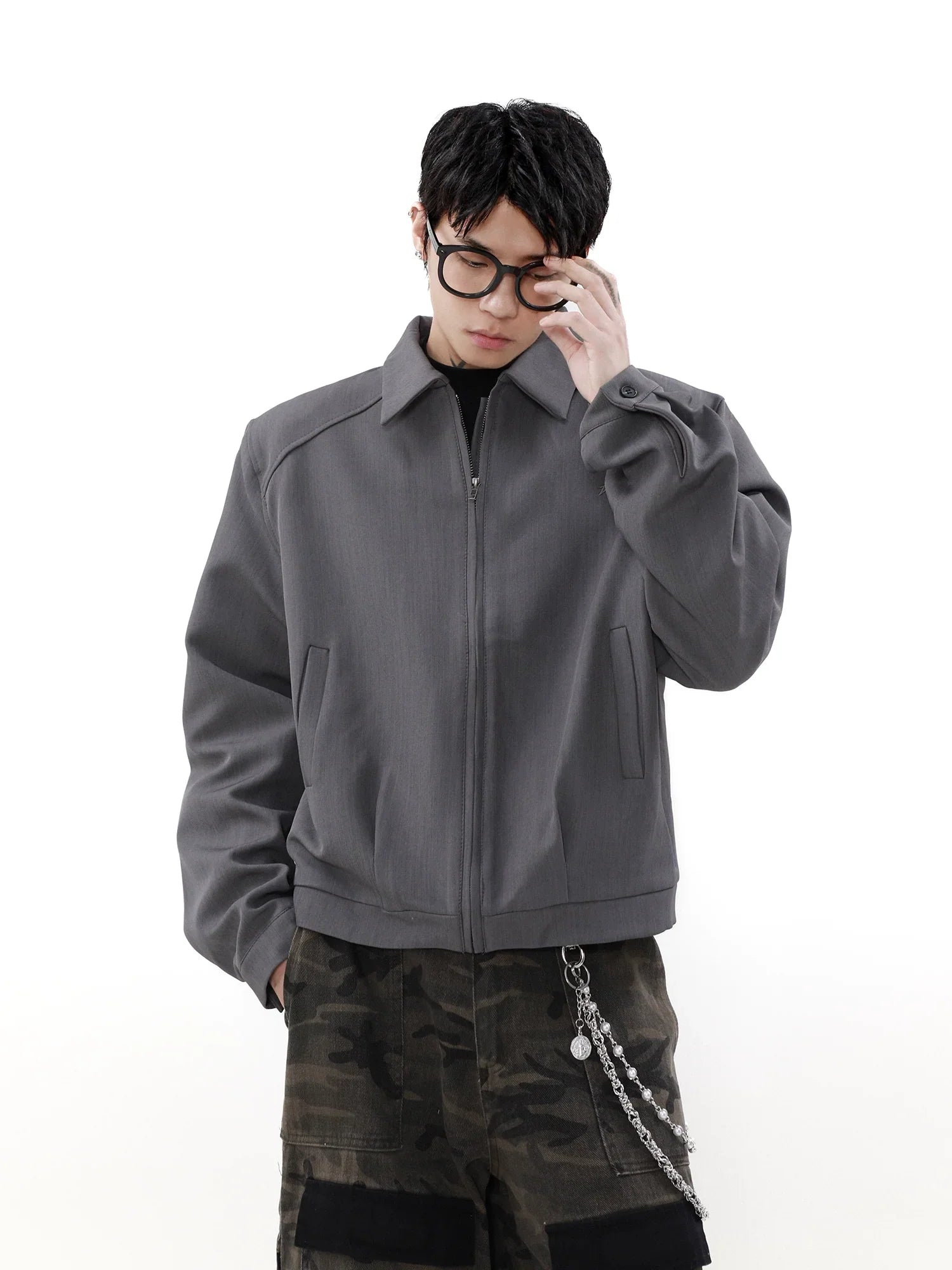 Cropped Shoulder Pad Zipper Jacket