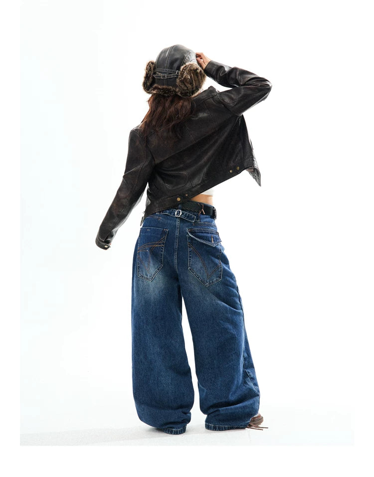 PU Leather Washed Zipper Short Length Jacket