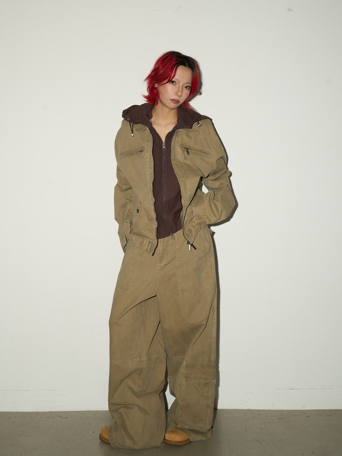 Fake Layered Hooded Jacket & Multi Pocket Cargo Pants Setup