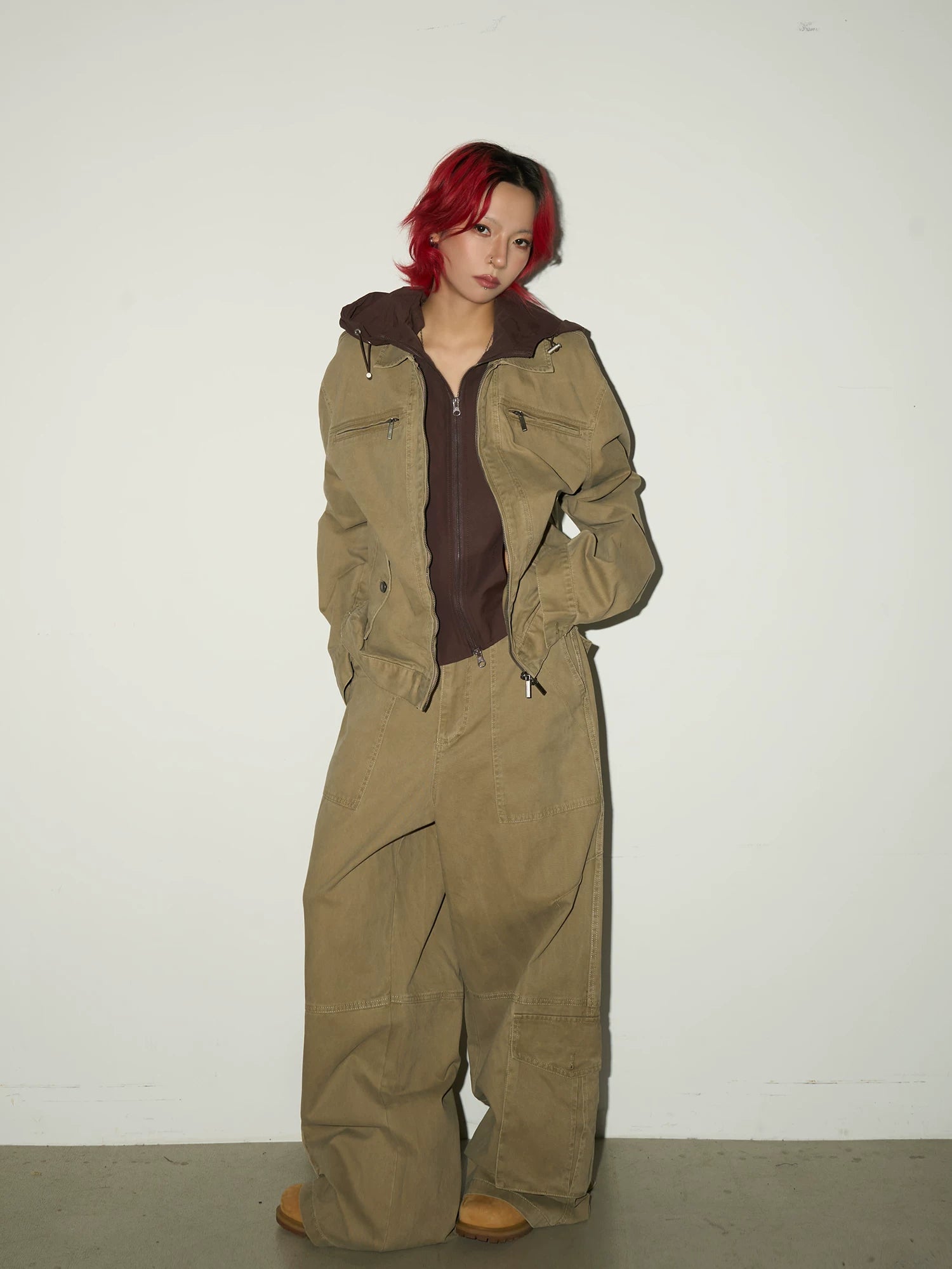 Fake Layered Hooded Jacket & Multi Pocket Cargo Pants Setup