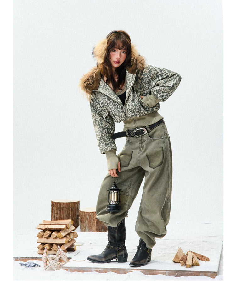 Leopard Print Fur-Trim Hood Puffer Jacket