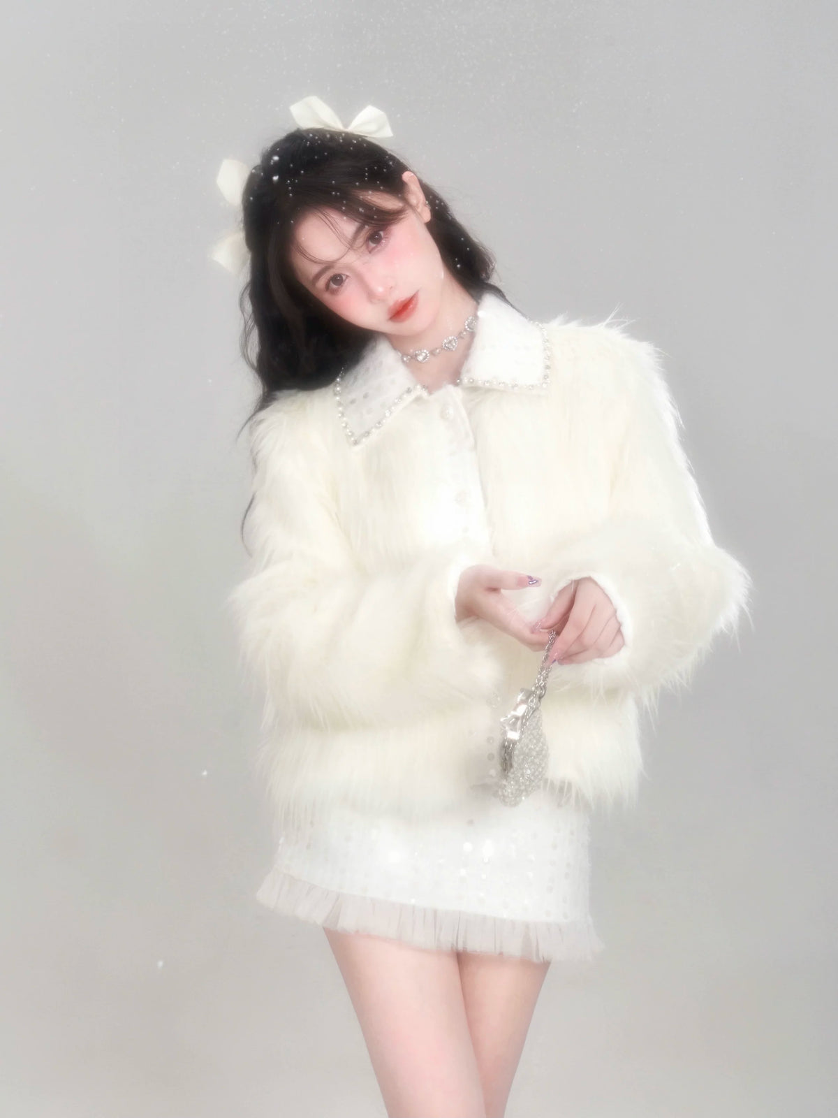 Eco Fur Warm Jacket & Short Skirt & Long Skirt Setup