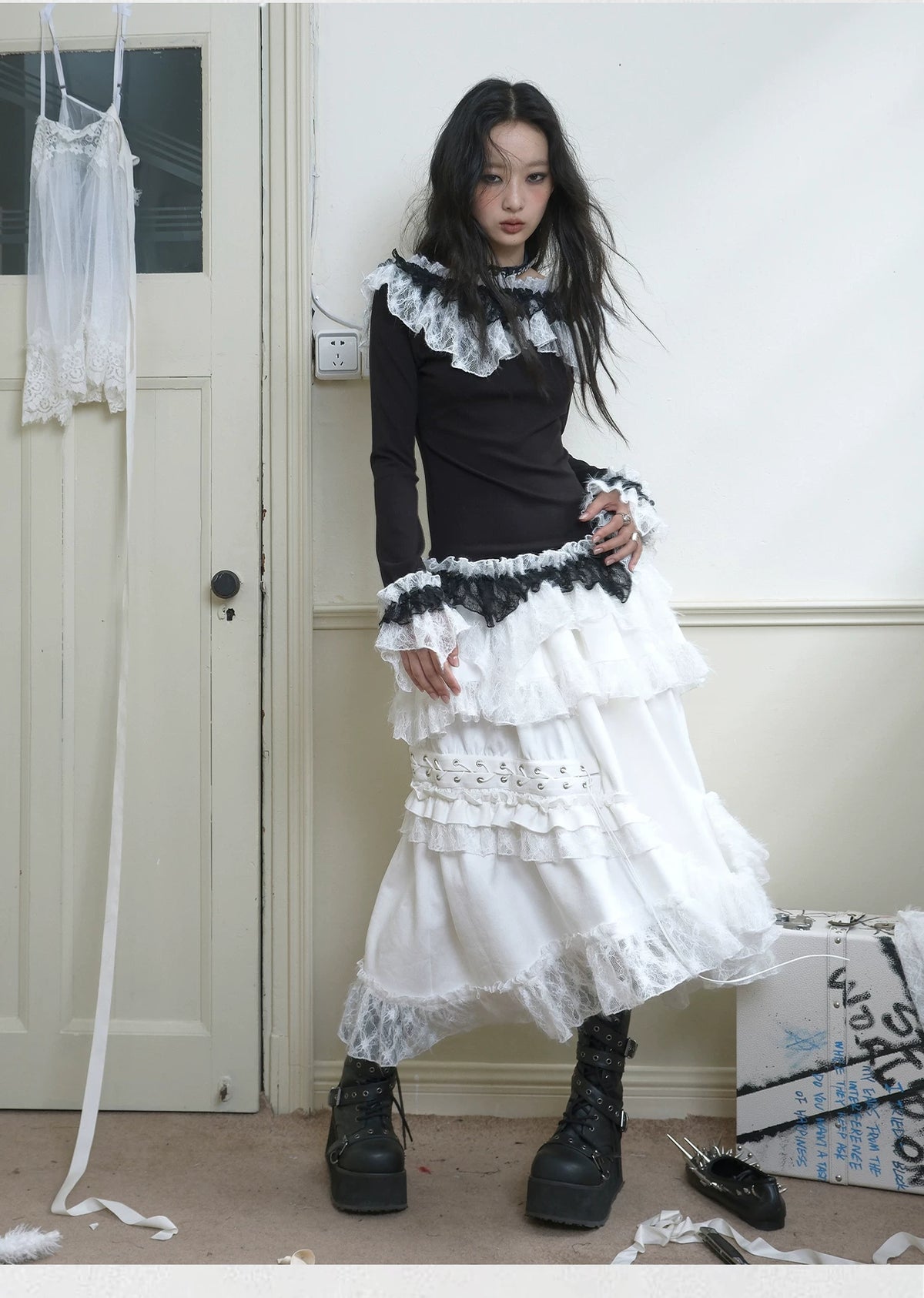 Suede Lace Asymmetrical Tie-Up Layered Long Skirt