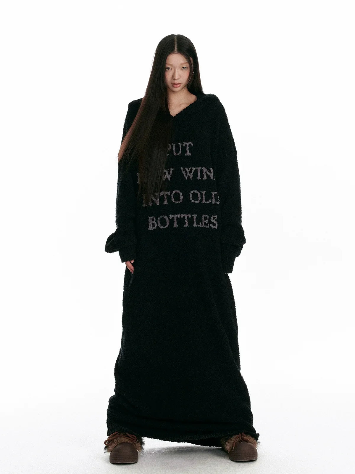 Fuzzy Hooded Knit Over-Knee Robe Dress