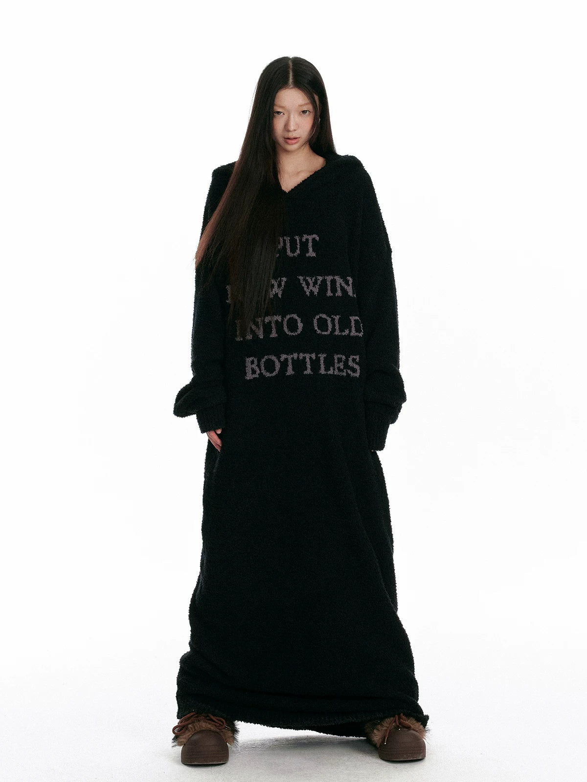 Fuzzy Hooded Knit Over-Knee Robe Dress