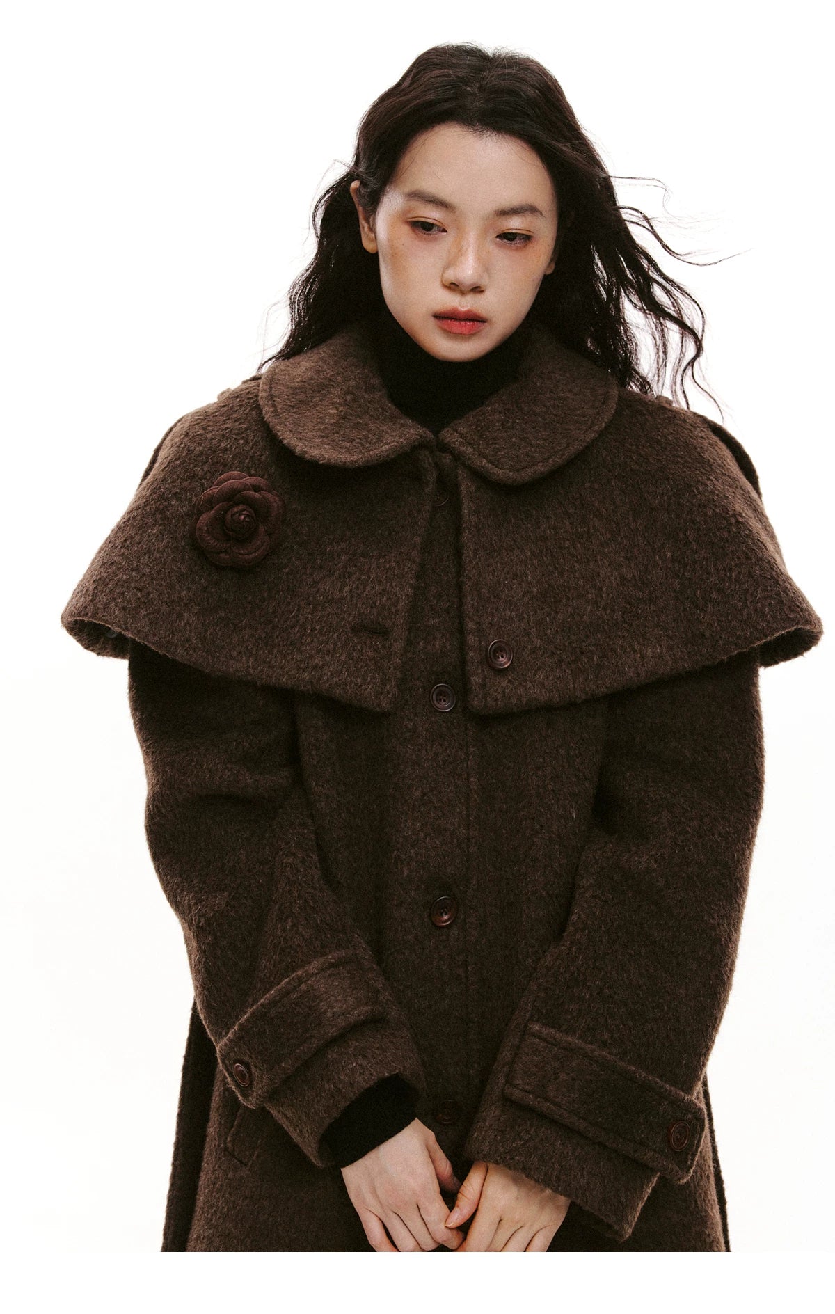 Cape Collar & Flower Detail Belted Coat
