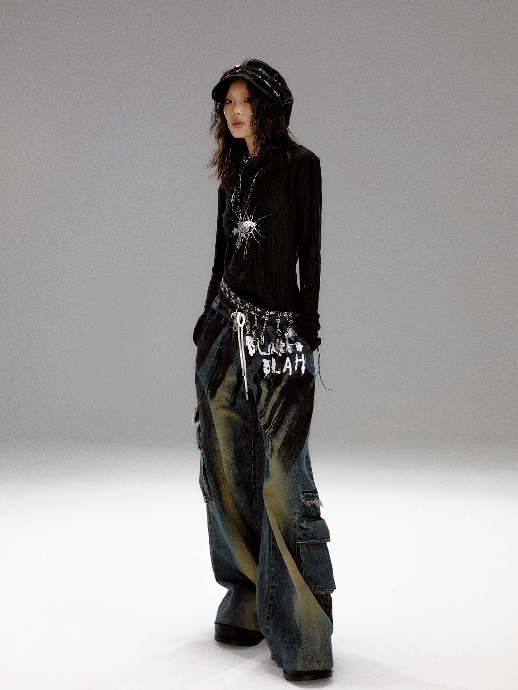 Washed Graffiti Wide-Leg Straight Dnim Jeans