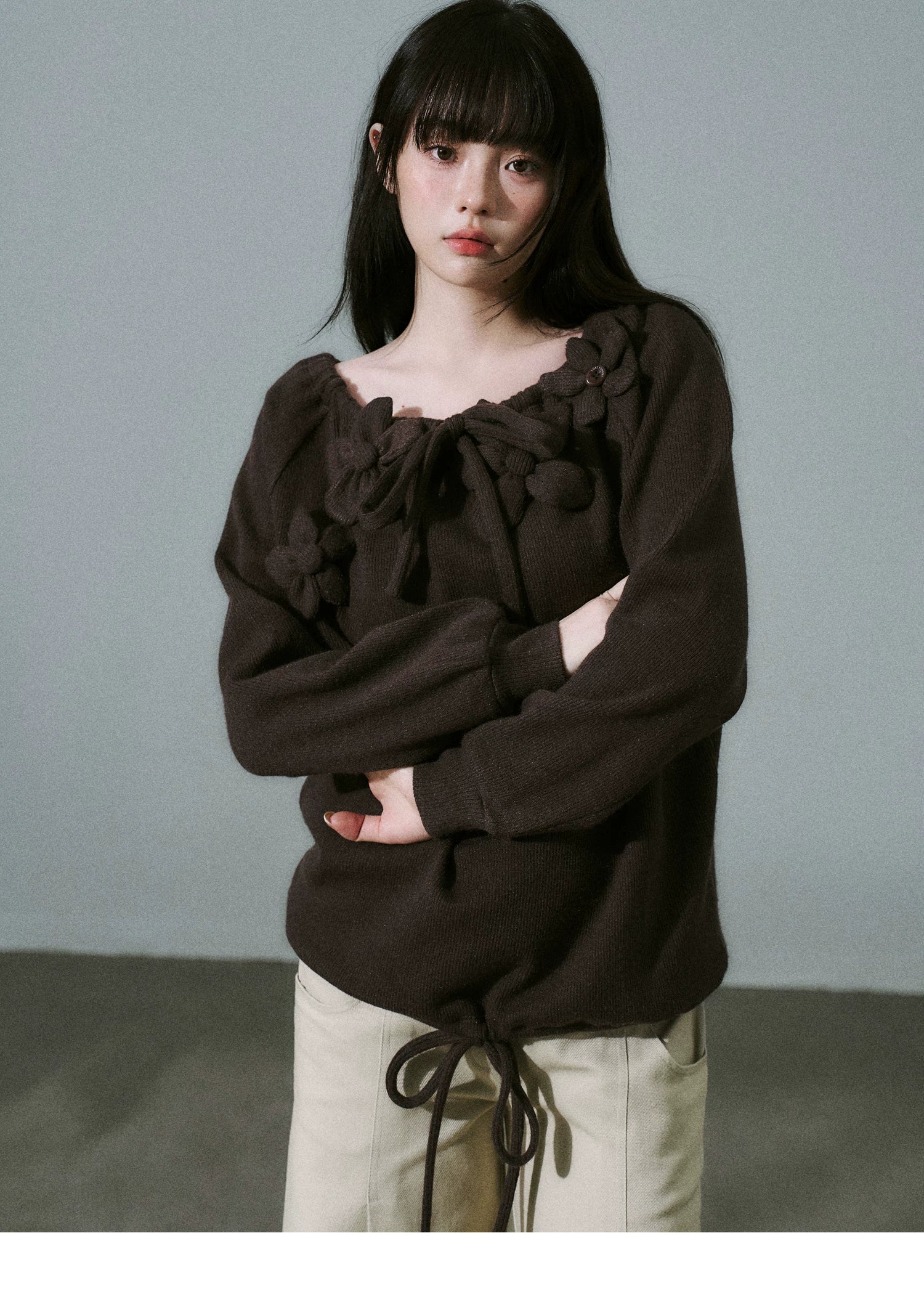 Handmade Flower Drawstring Wool Fake Layered Knit Sweater