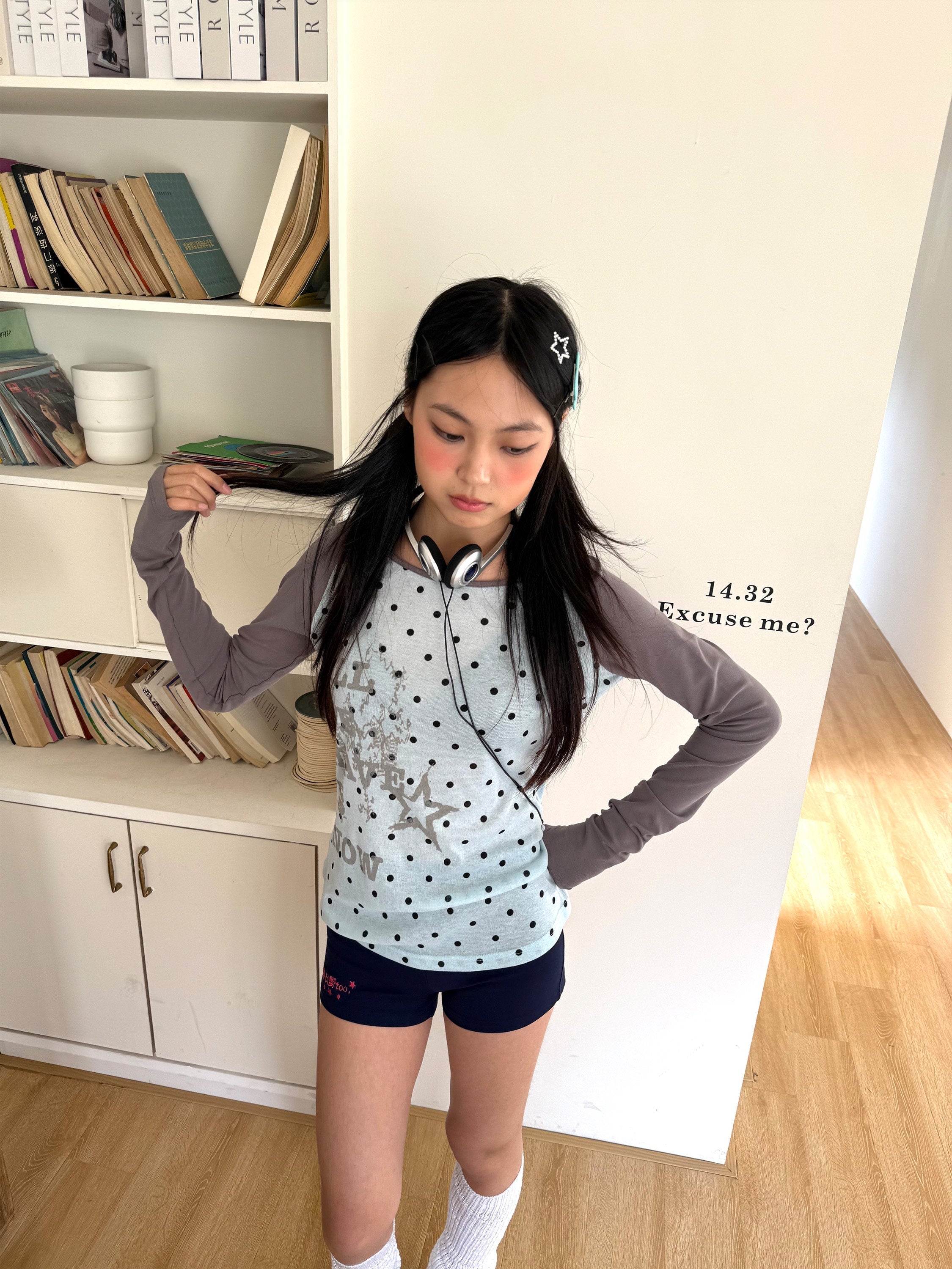 Polka Dot Letter Print Fake Layered Fitted Long Sleeve T-Shirt