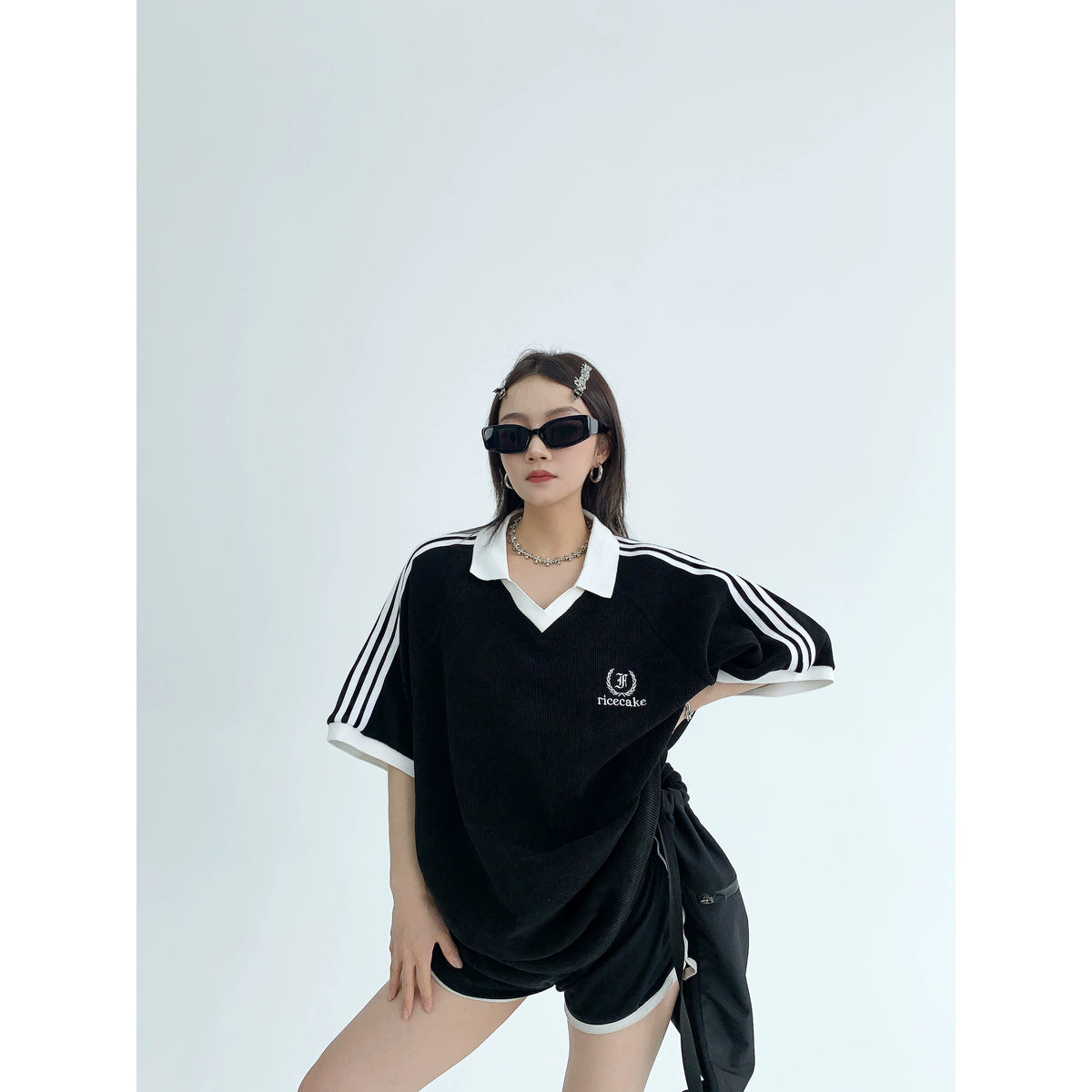Oversize V-Neck Short Sleeve Polo Shirt
