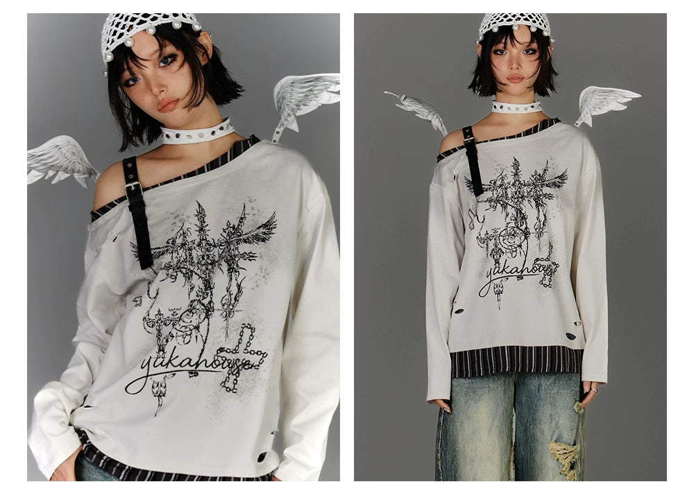 Off-Shoulder Asymmetrical Punk Long Sleeve T-Shirt