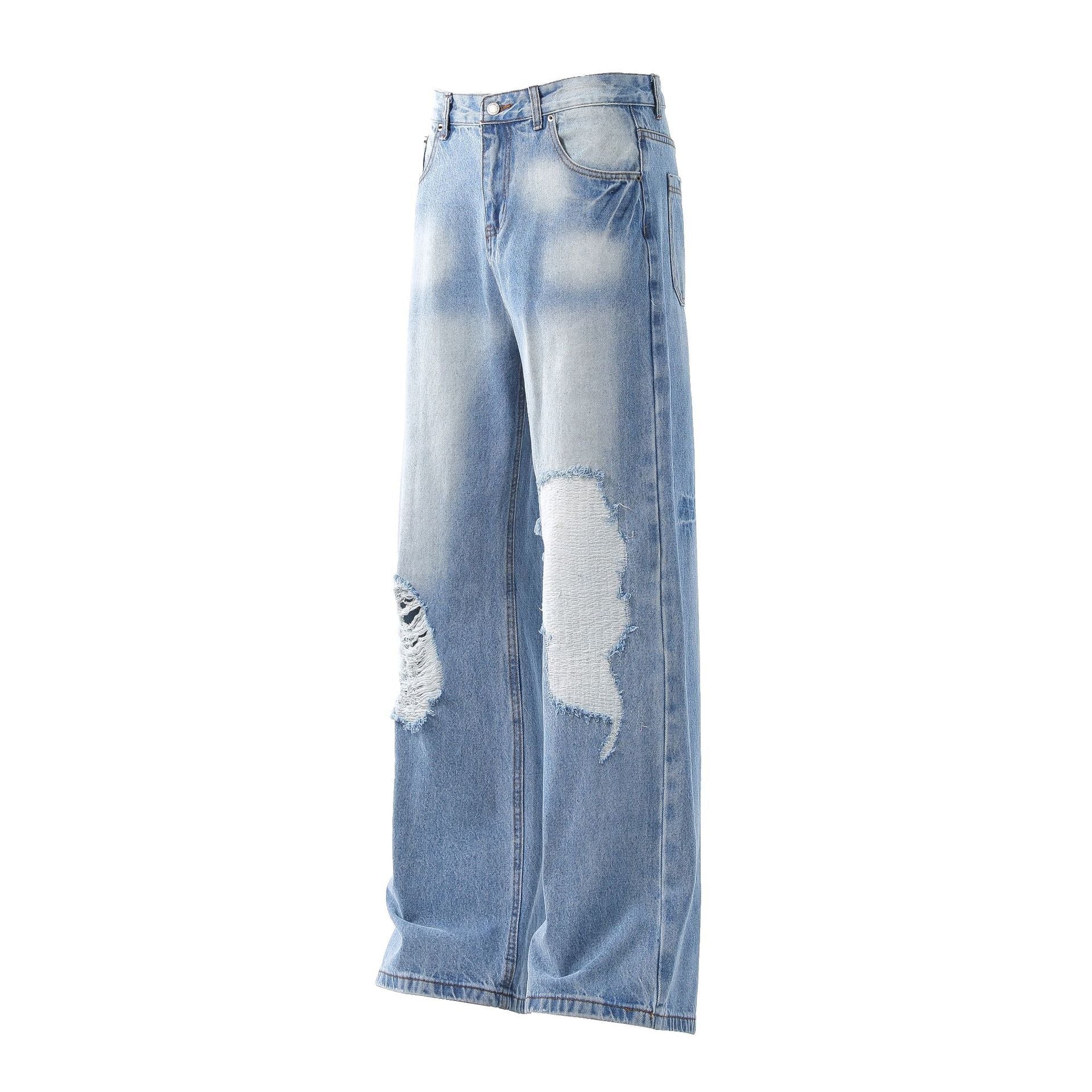 Washed Damage Wide Leg Flare Denim Jeans