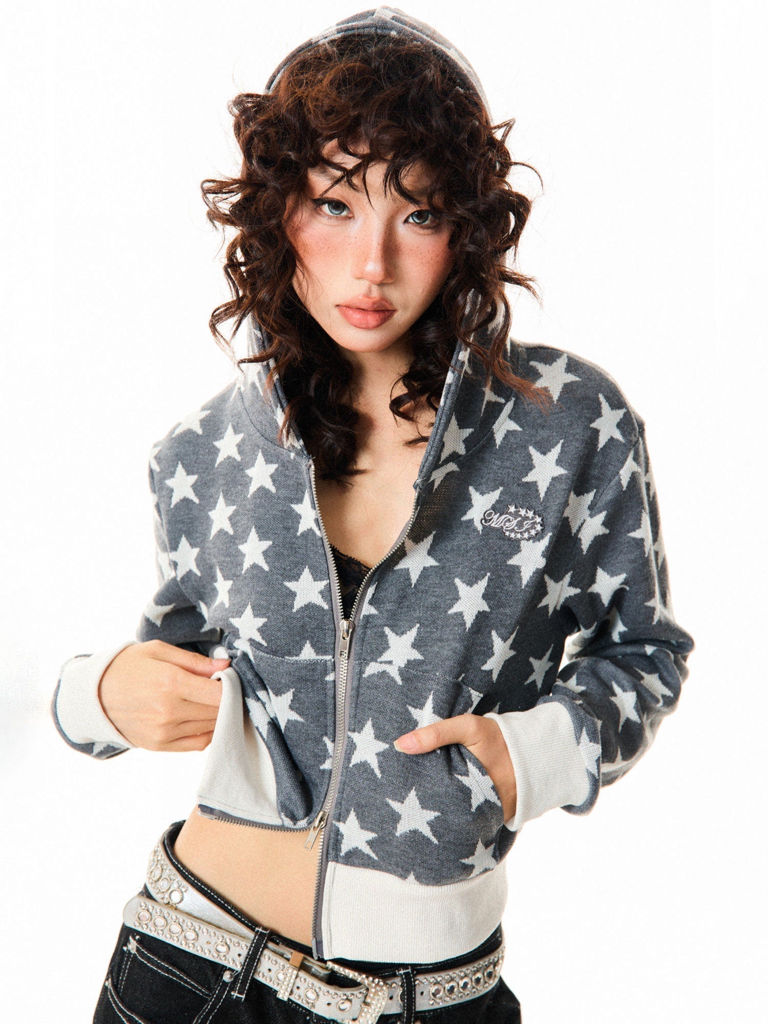 Star Print Cropped Zip-Up Hoodie