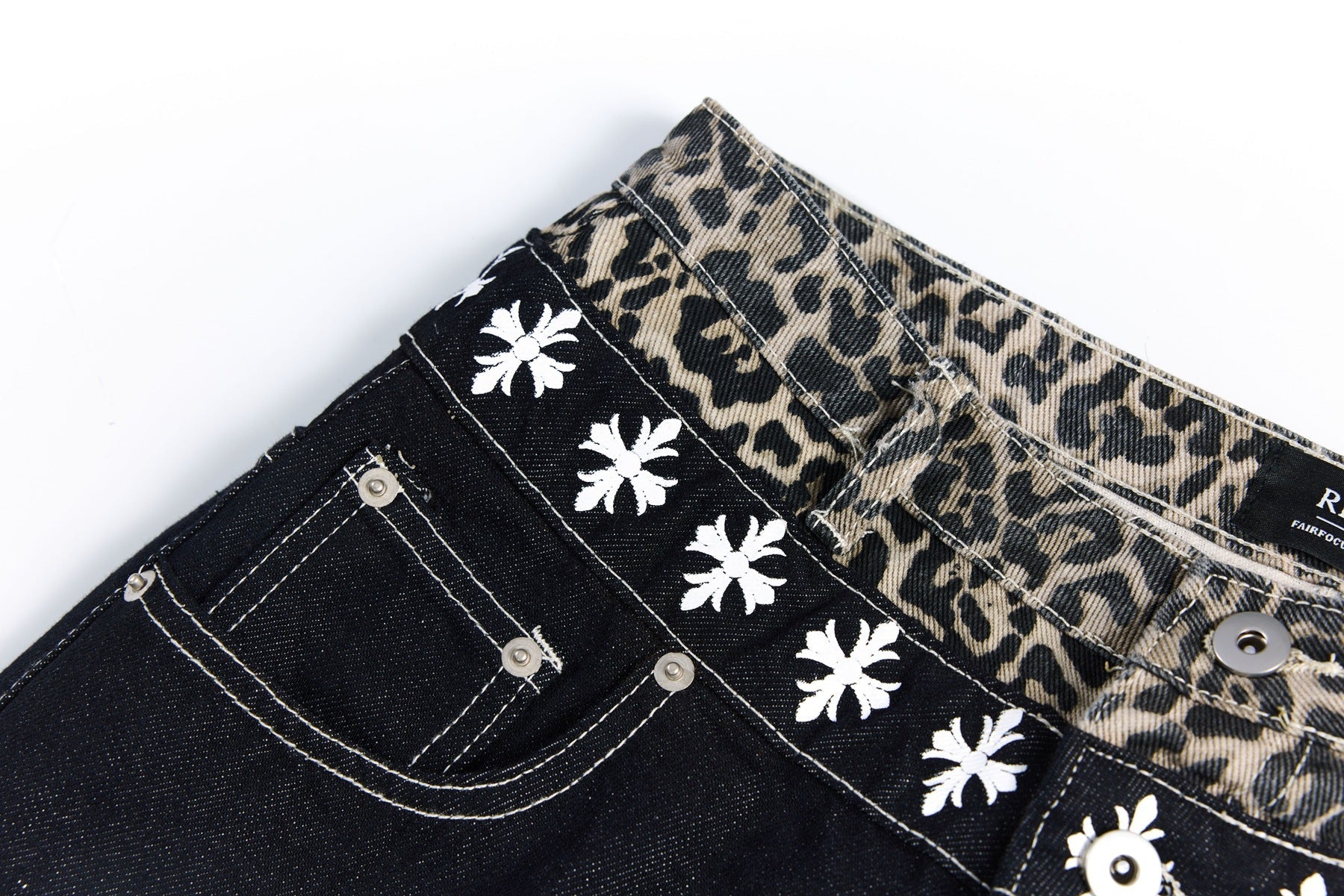 Color Block Embroidery Wide Leg Curved Denim Jeans