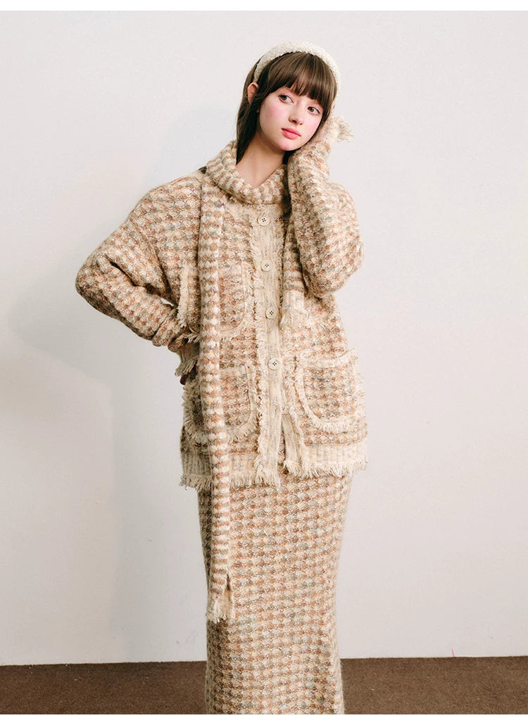Plaid Button Cardigan & Scarf & Long Skirt Setup