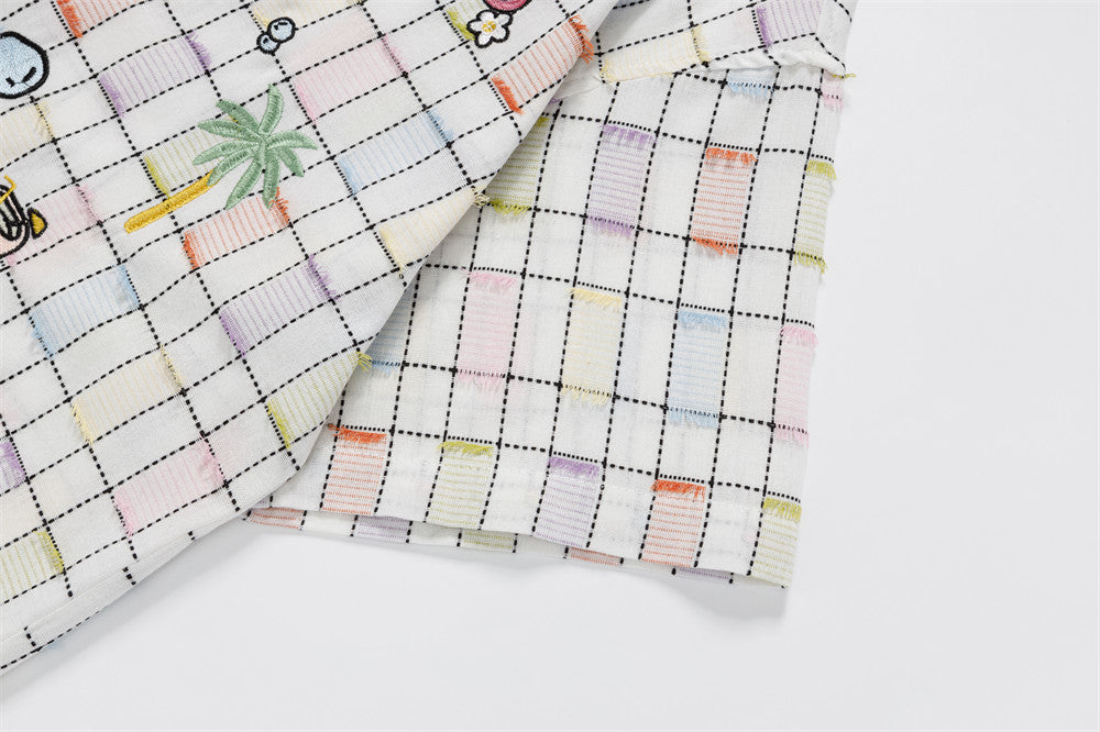 Vibrant Plaid Embroidered Short-Sleeved Shirt