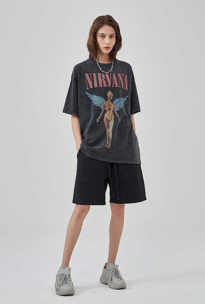 T-shirt rétro à manches courtes imprimé Nirvana