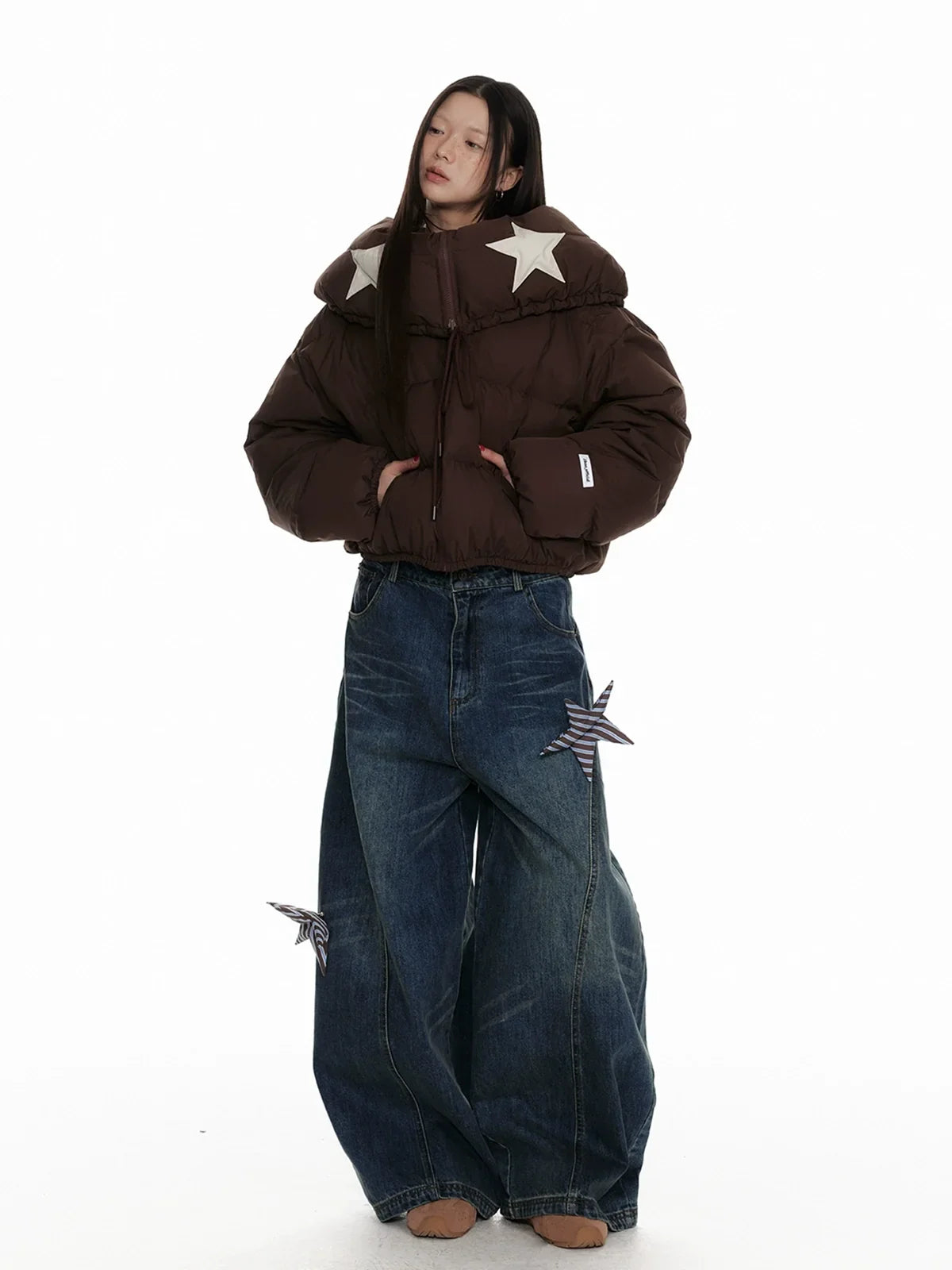 Star Patch Washed Wide-Leg Denim Jeans