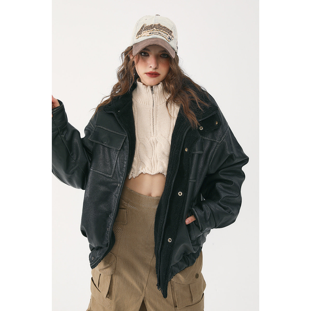 Veste unisexe vintage doublée de laine et de cuir